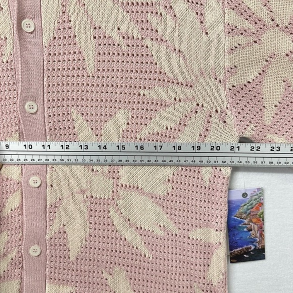 Massive Luxury Crochet Knit Shirt Mens L Powder Pink Floral Jacquard Cotton Polo - Picture 7 of 8